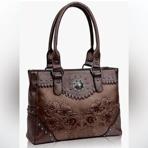 Western style large size tote with top handles and embossed vegan leather